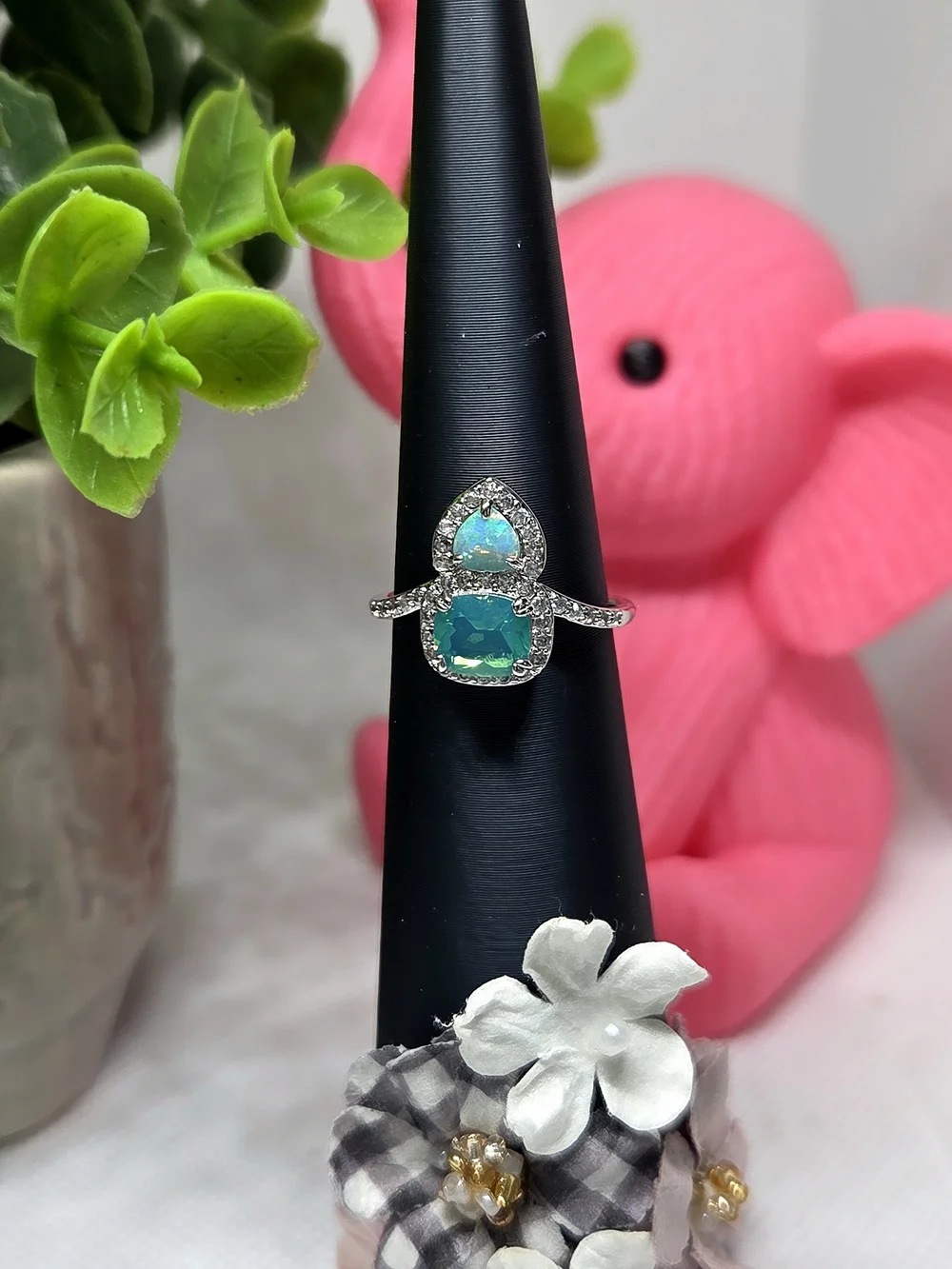 BP Green Chalcedoney And Pale Green Opal On Rhodium Plating